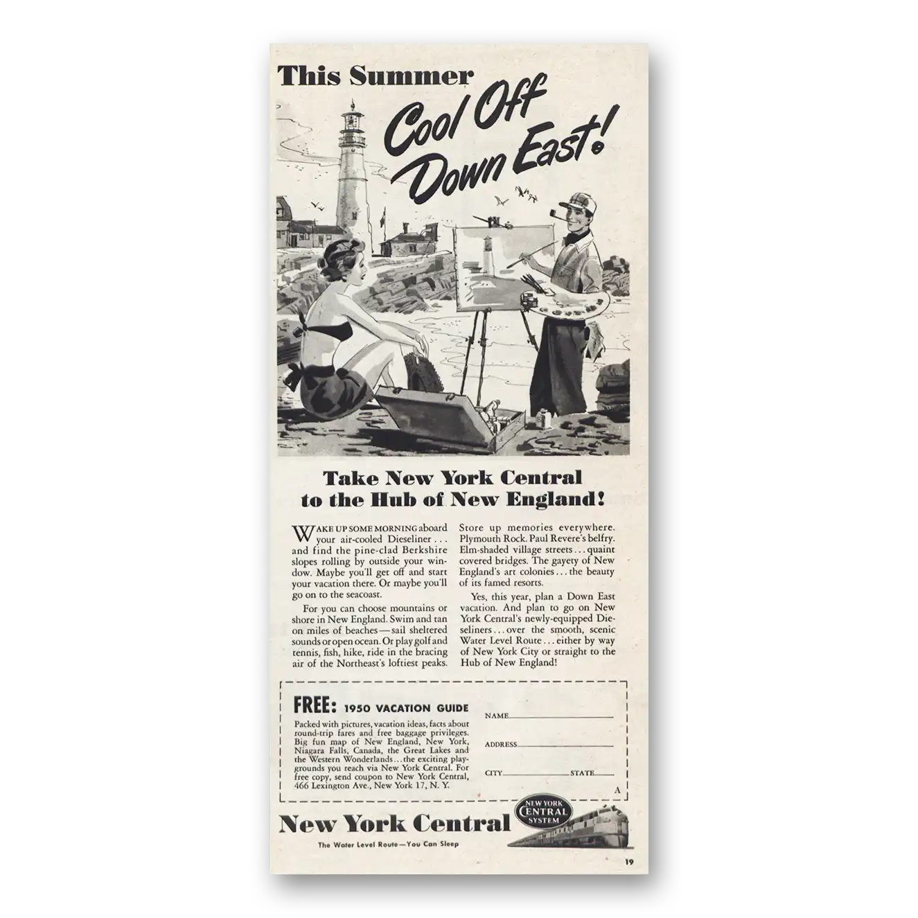 1950 New York Central Cool Off Down East Vintage Magazine Print Ad