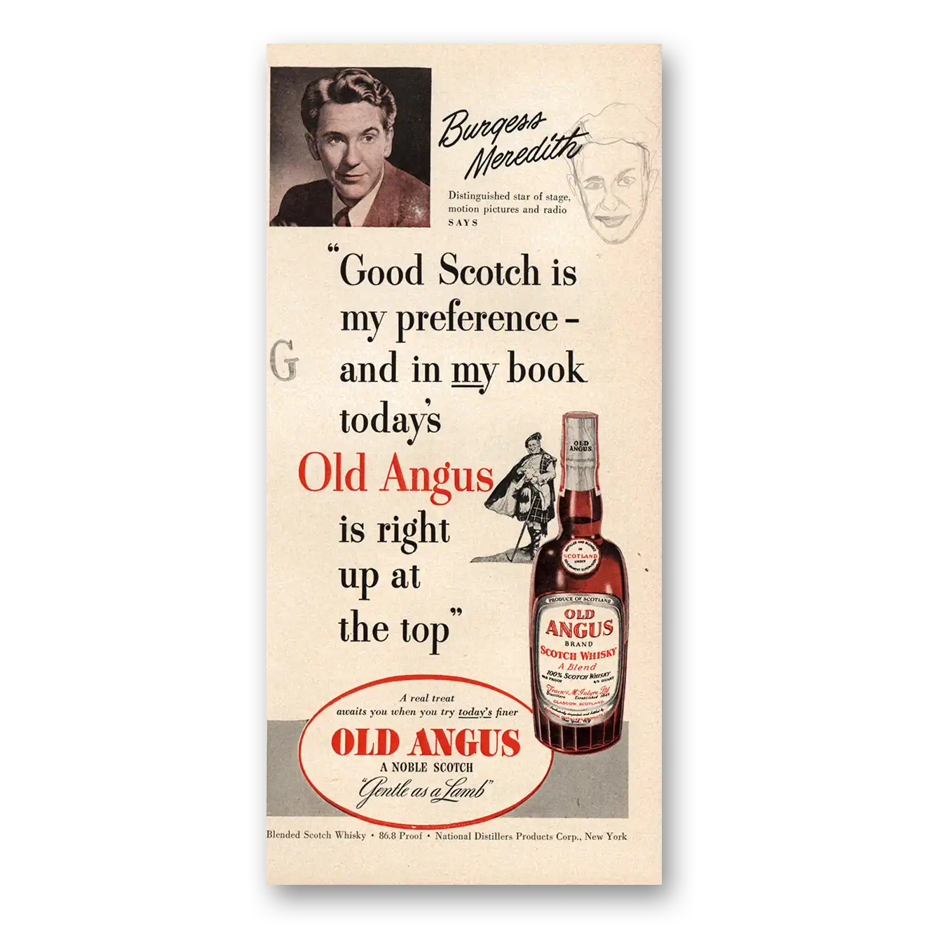 1950 Old Angus Whisky Burgess Meredith Good Scotch Is My Preference Vintage Magazine Print Ad