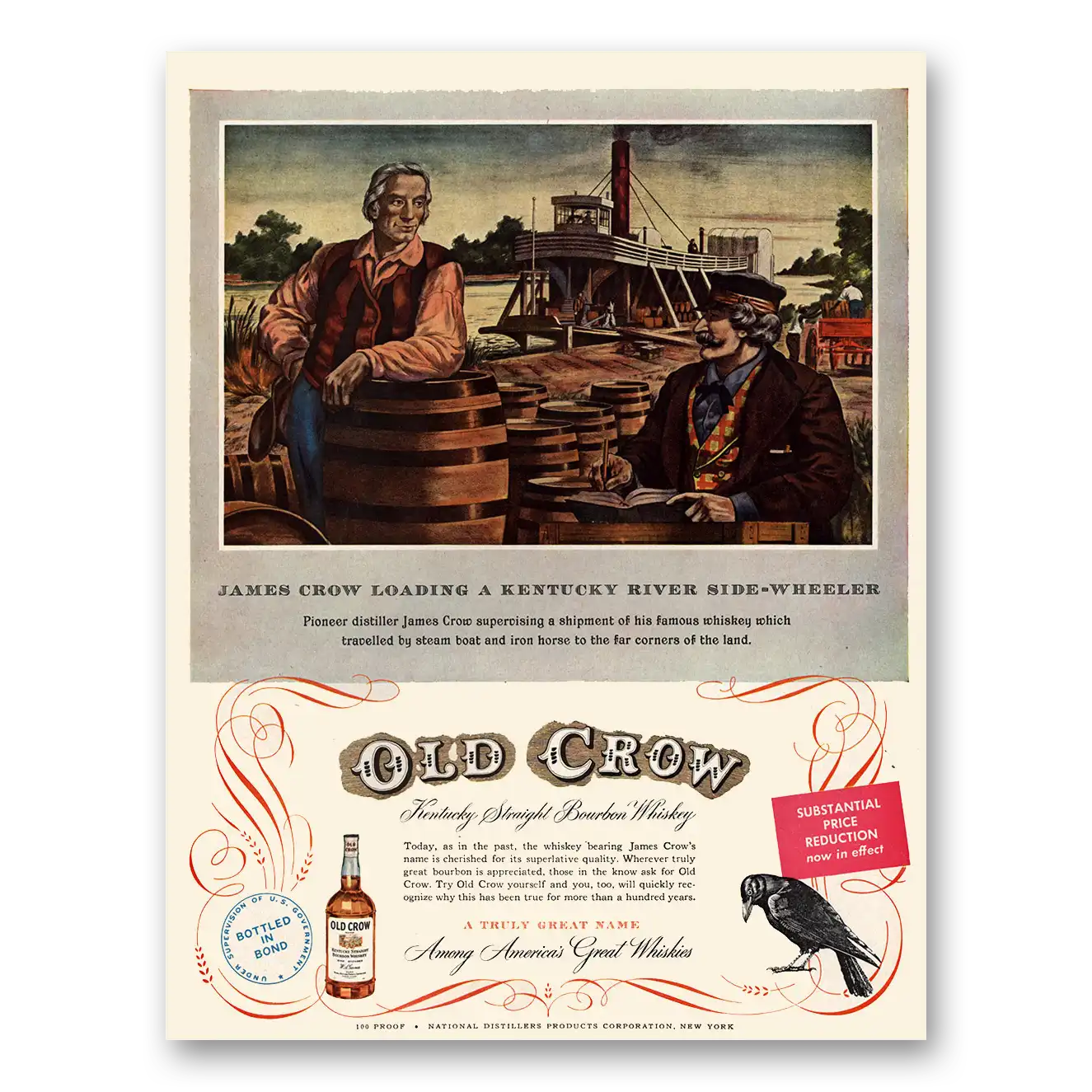 1950 Old Crow Whiskey James Crow Loading a Kentucky River Side Wheeler Vintage Magazine Print Ad