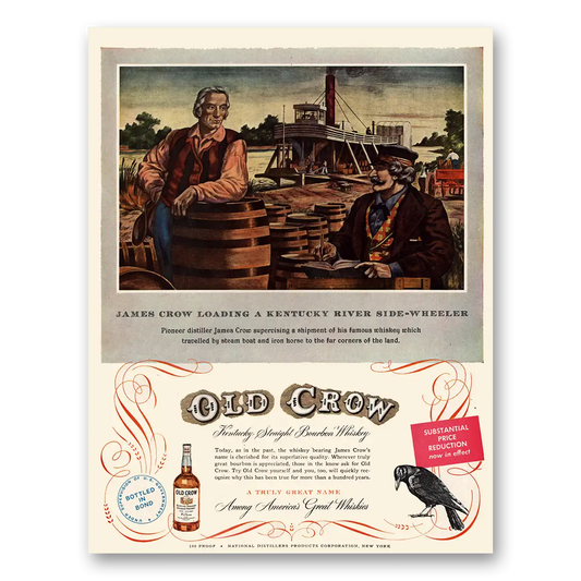 1950 Old Crow Whiskey James Crow Loading a Kentucky River Side Wheeler Vintage Magazine Print Ad