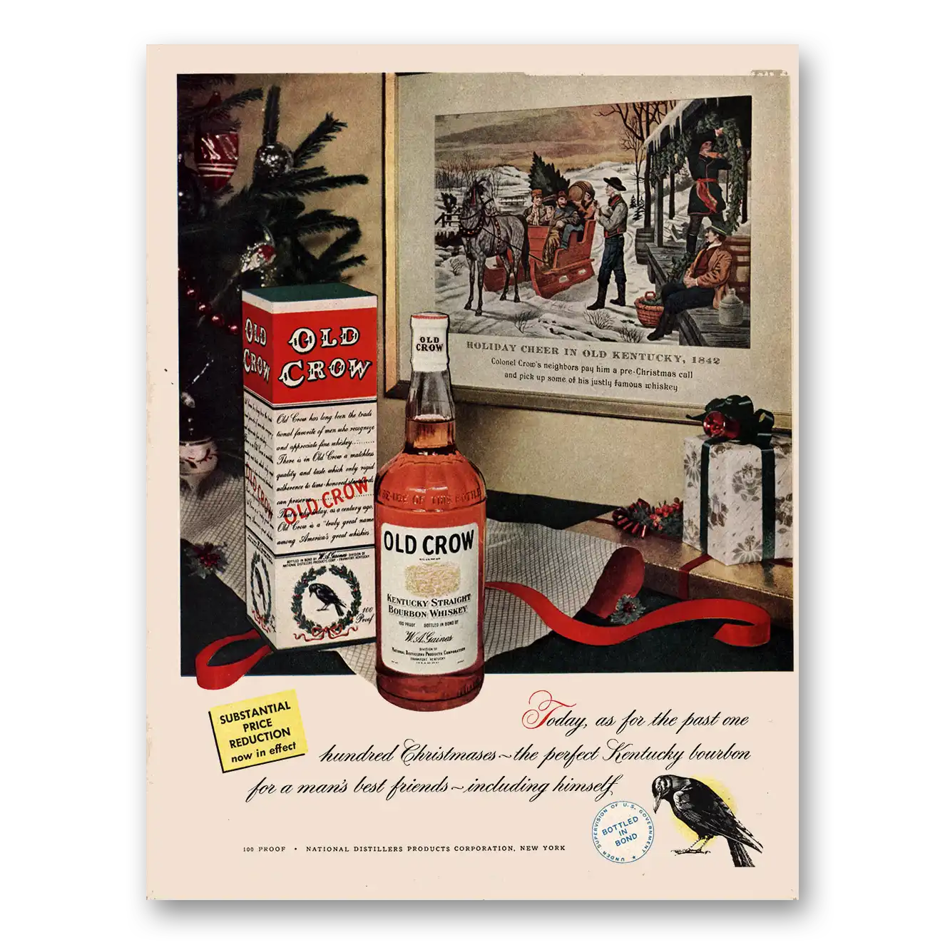 1950 Old Crow Whiskey Past One Hundred Christmases Vintage Magazine Print Ad