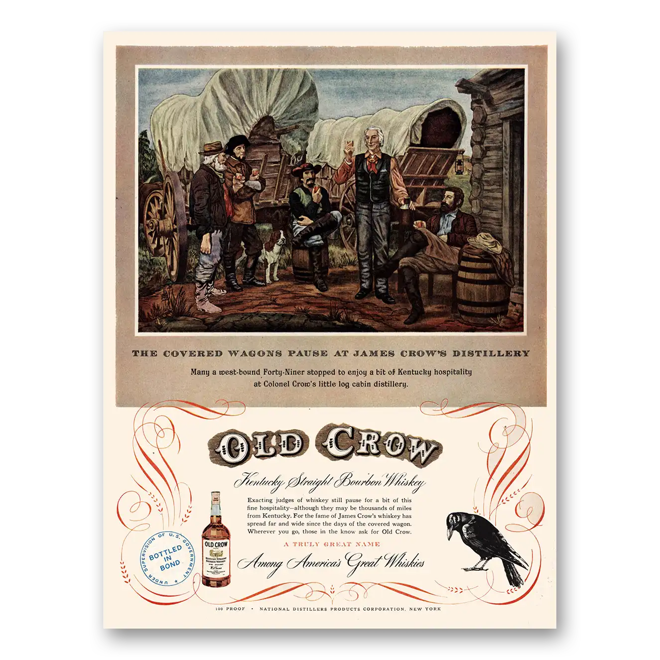 1950 Old Crow Whiskey Covered Wagons Pause at James Crows Distillery Vintage Magazine Print Ad