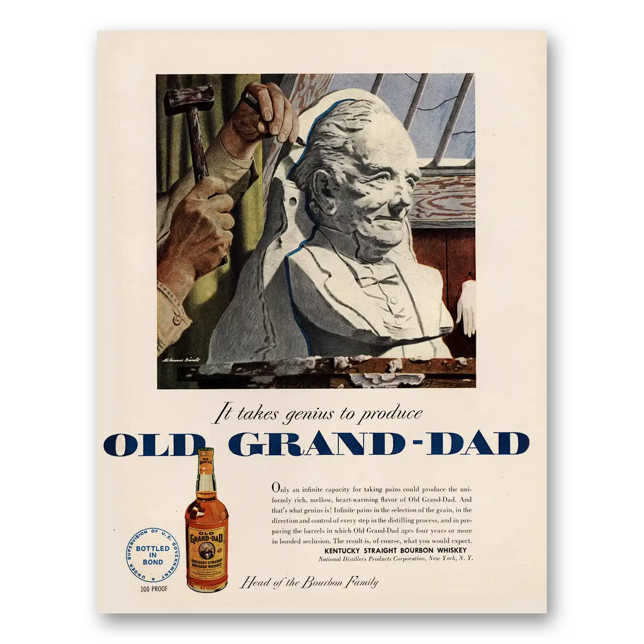 1950 Old Grand-Dad Bourbon Whiskey Takes Genius to Produce Vintage Magazine Print Ad