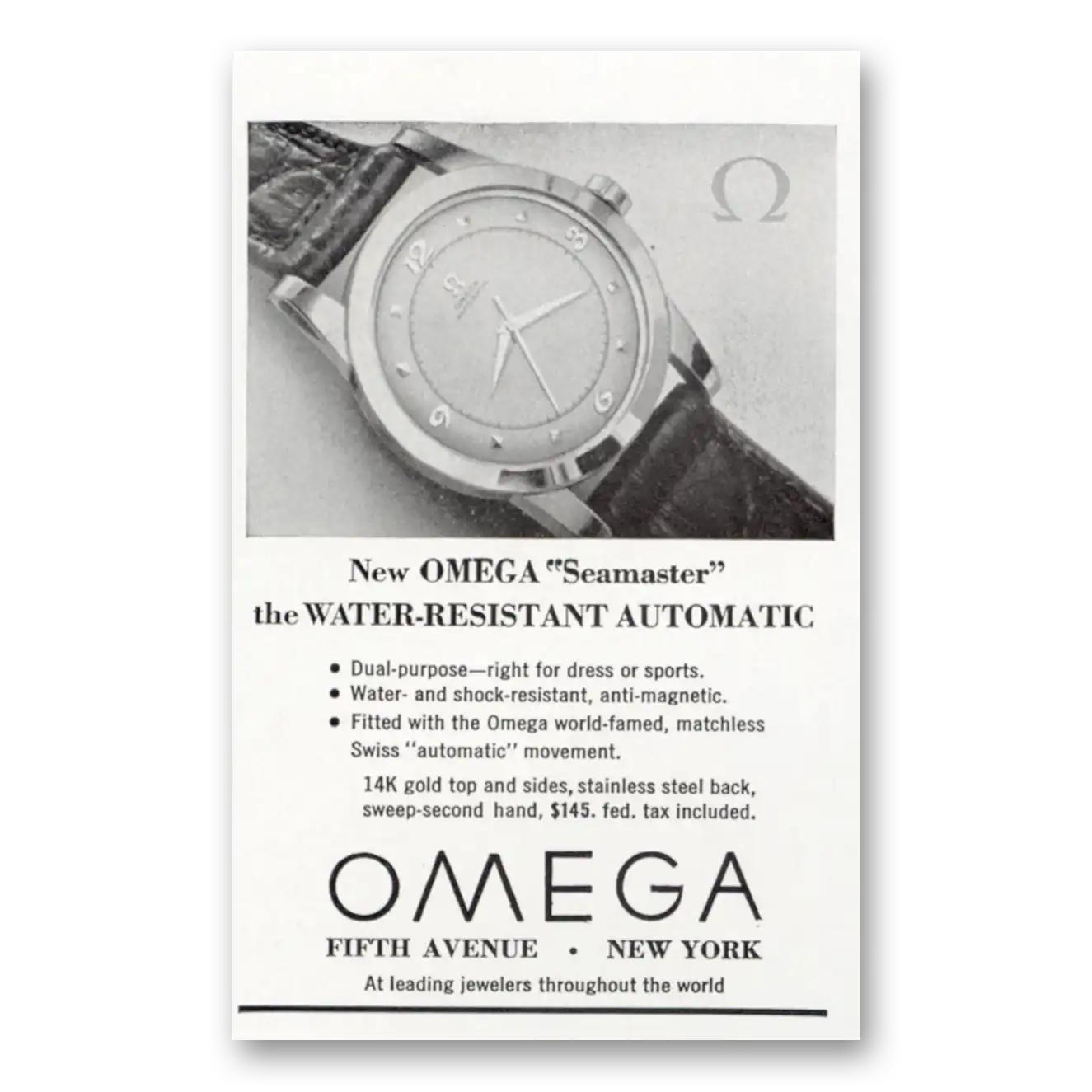 1950 Omega Seamaster Watch Water Resistant Automatic Vintage Magazine Print Ad