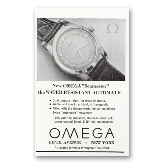 1950 Omega Seamaster Watch Water Resistant Automatic Vintage Magazine Print Ad