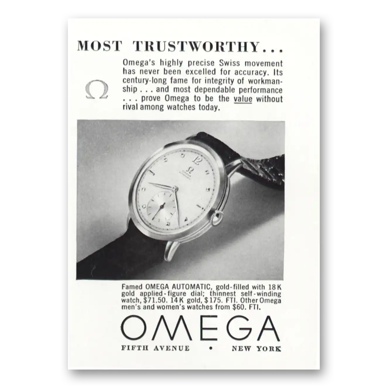 1950 Omega Watch Automatic Most Trustworthy Vintage Magazine Print Ad