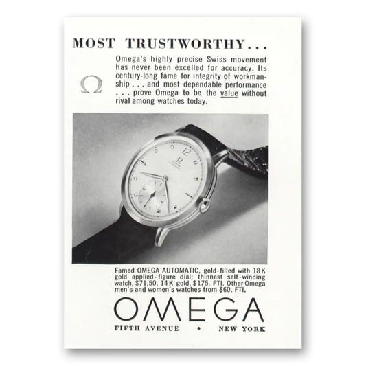 1950 Omega Watch Automatic Most Trustworthy Vintage Magazine Print Ad