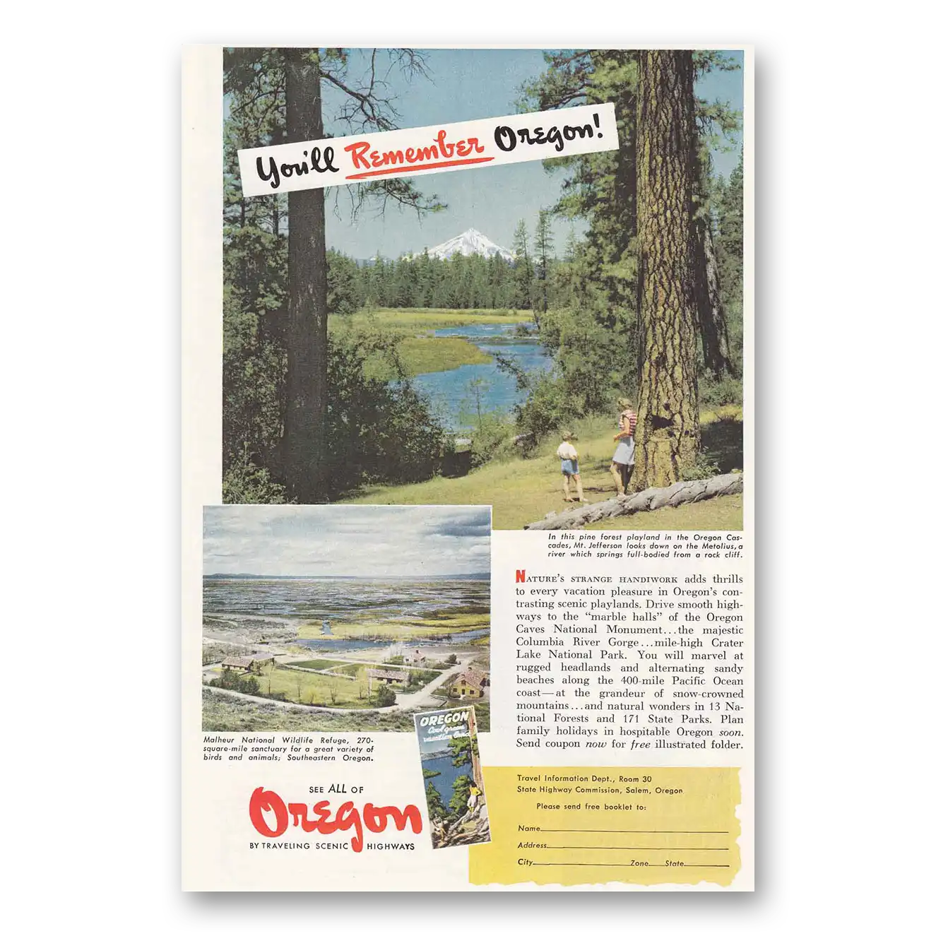 1950 Oregon Cascades Mt Jefferson Vintage Magazine Print Ad