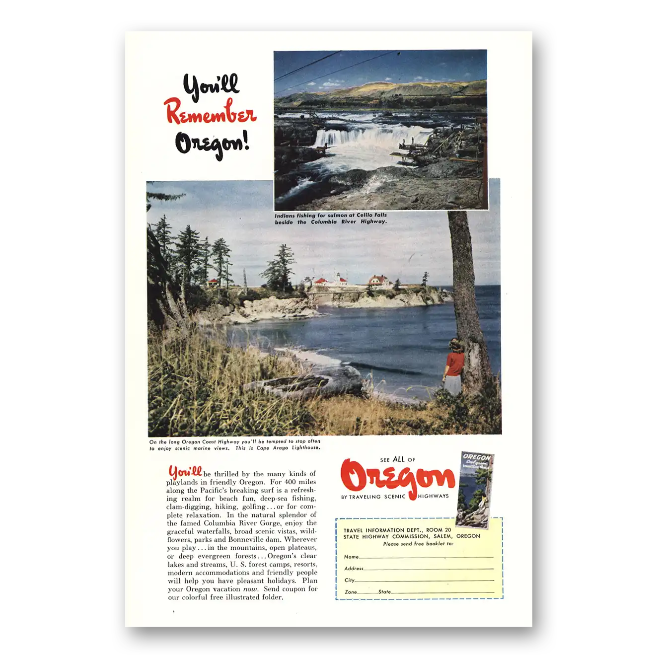 1950 Oregon Celilo Falls Columbia River Highway Vintage Magazine Print Ad