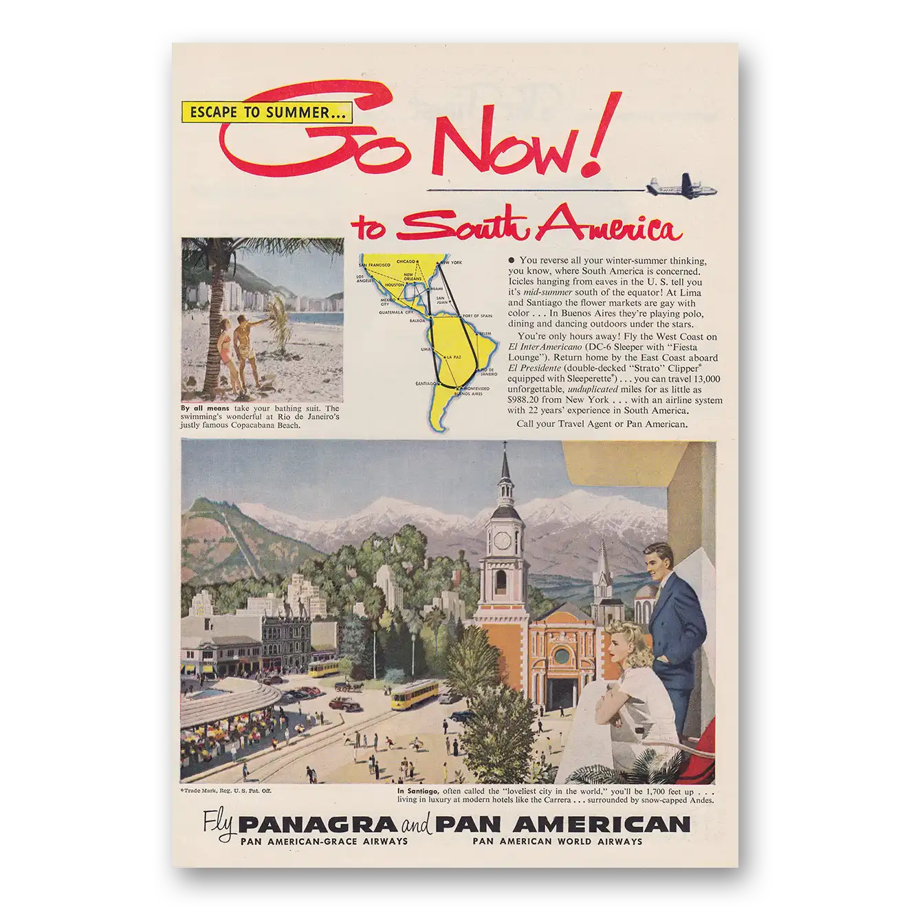 1950 Pan Am Santiago South America Vintage Magazine Print Ad