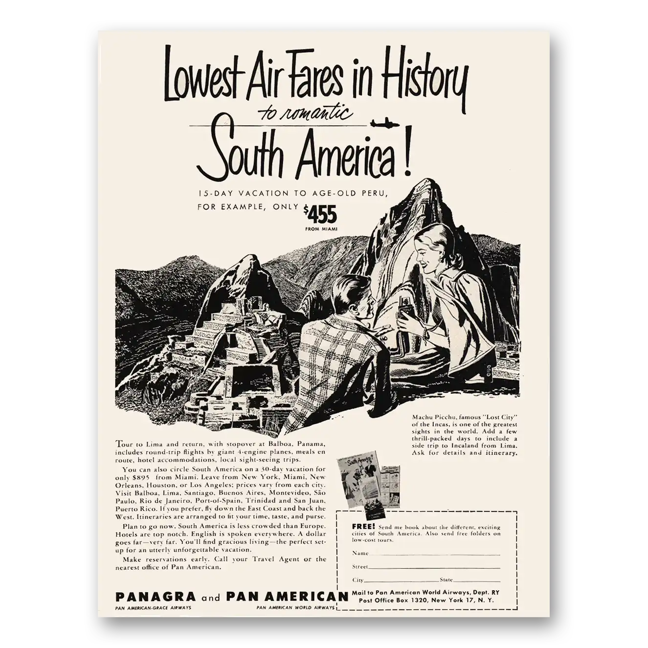 1950 Pan Am Romantic South America Vintage Magazine Print Ad