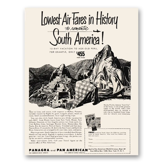 1950 Pan Am Romantic South America Vintage Magazine Print Ad