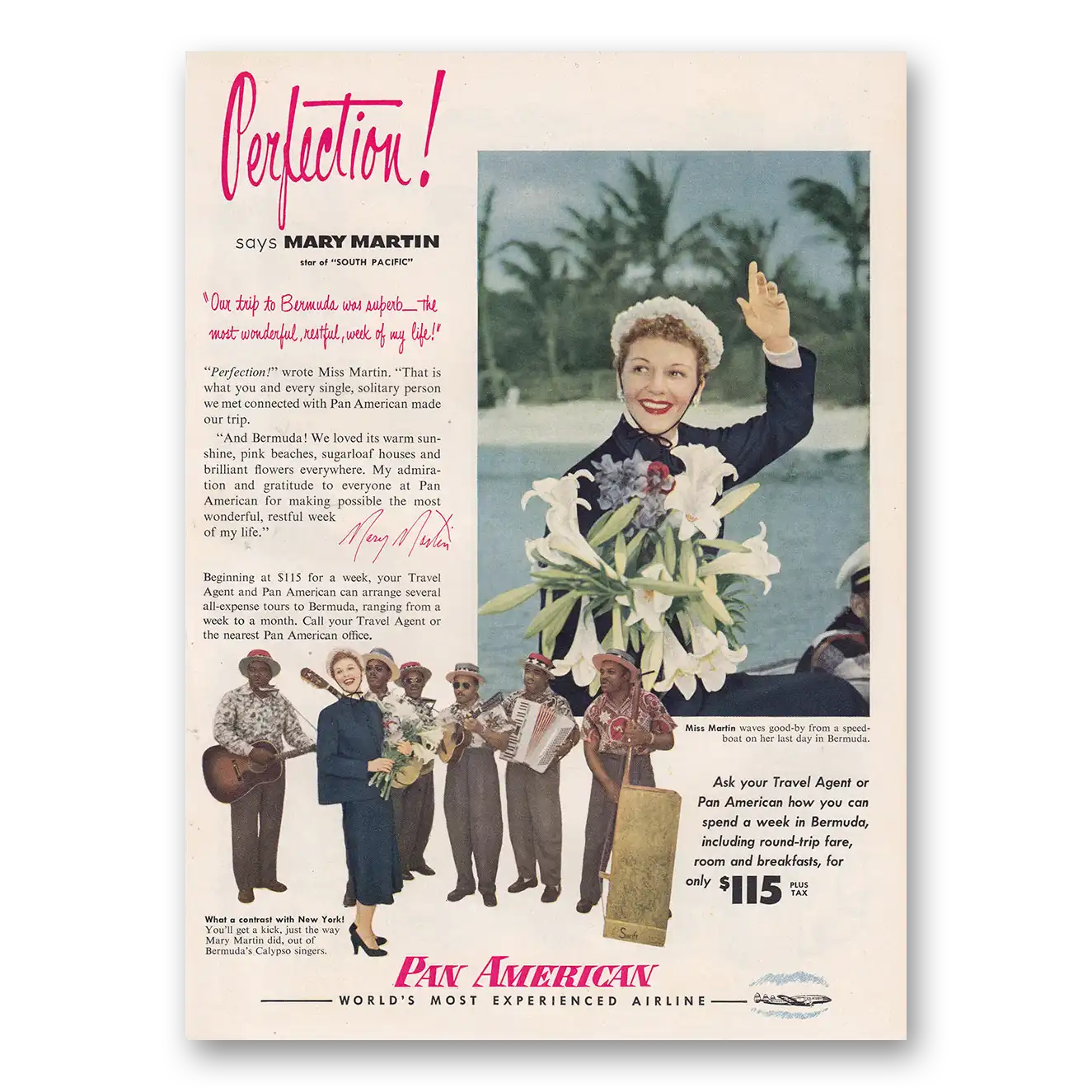 1950 Pan Am Airlines Perfection Says Mary Martin South Pacific Vintage Magazine Print Ad