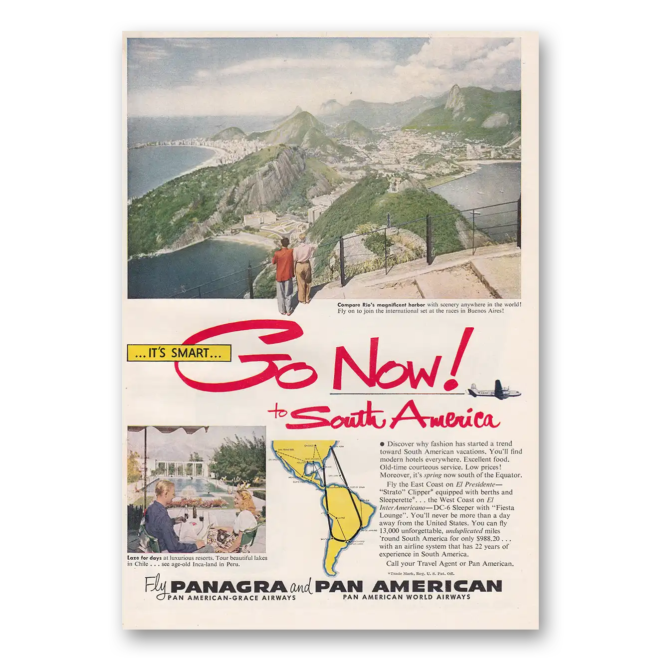 1950 Pan Am Smart Go Now to South America Vintage Magazine Print Ad