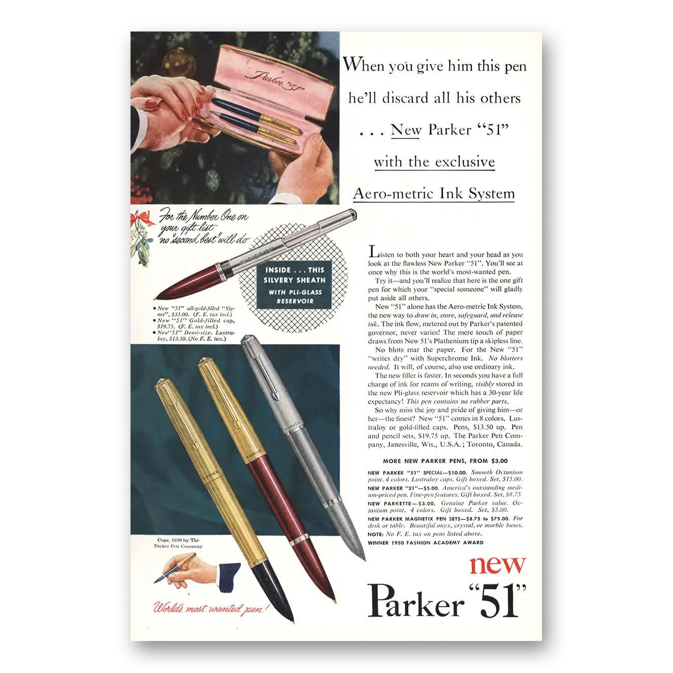 1950 Parker 51 Pen When You Give Him This Pen Vintage Magazine Print Ad