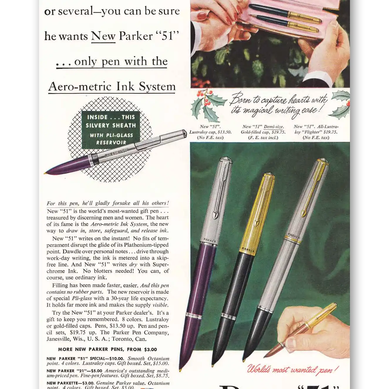 1950 Parker 51 Pen Aero Metric Ink System Vintage Magazine Print Ad