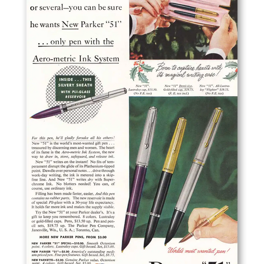 1950 Parker 51 Pen Aero Metric Ink System Vintage Magazine Print Ad