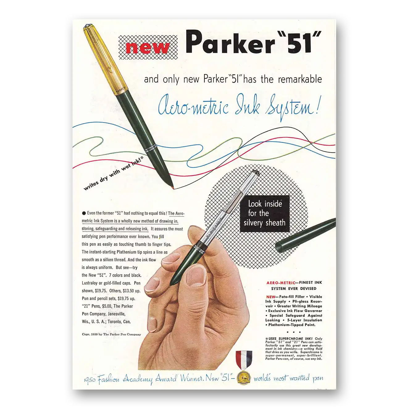 1950 Parker 51 Pen Aero Metric Ink System Vintage Magazine Print Ad