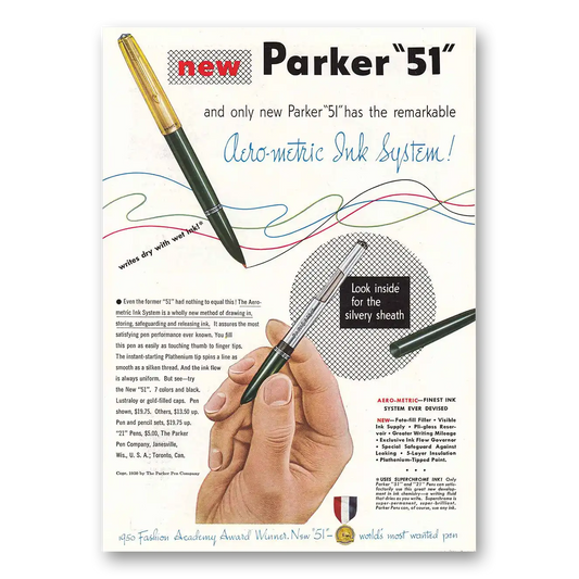 1950 Parker 51 Pen Aero Metric Ink System Vintage Magazine Print Ad