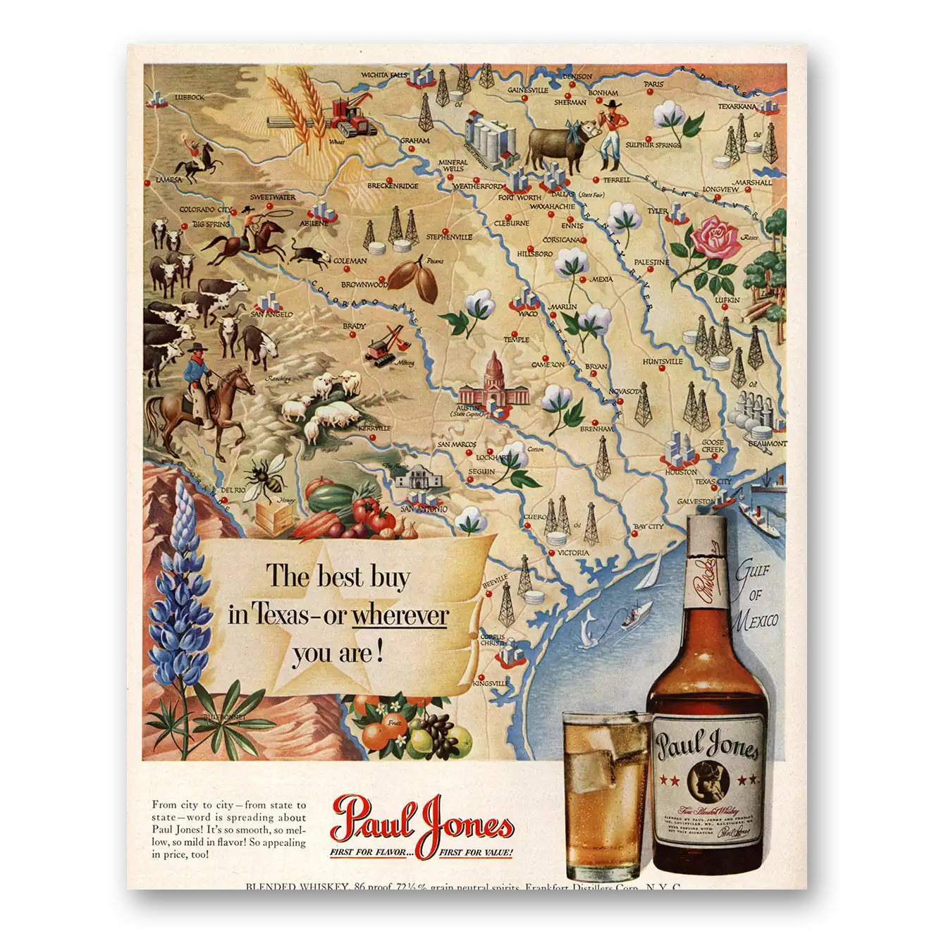 1950 Paul Jones Whiskey Best Buy In Texas or Wherever Vintage Magazine Print Ad