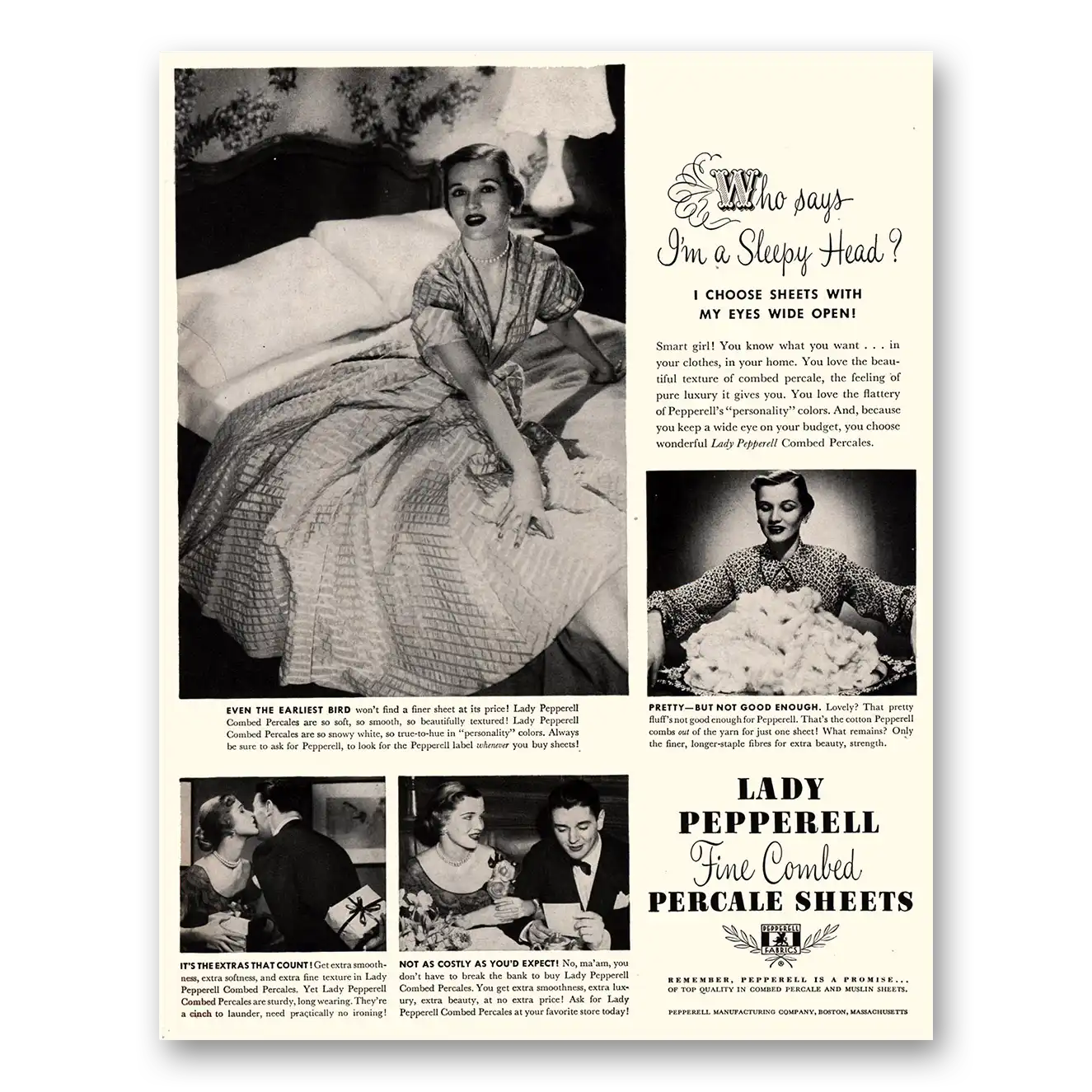 1950 Pepperell Sheets Lady Pepperell Percale Sheets Im a Sleepy Head Vintage Magazine Print Ad