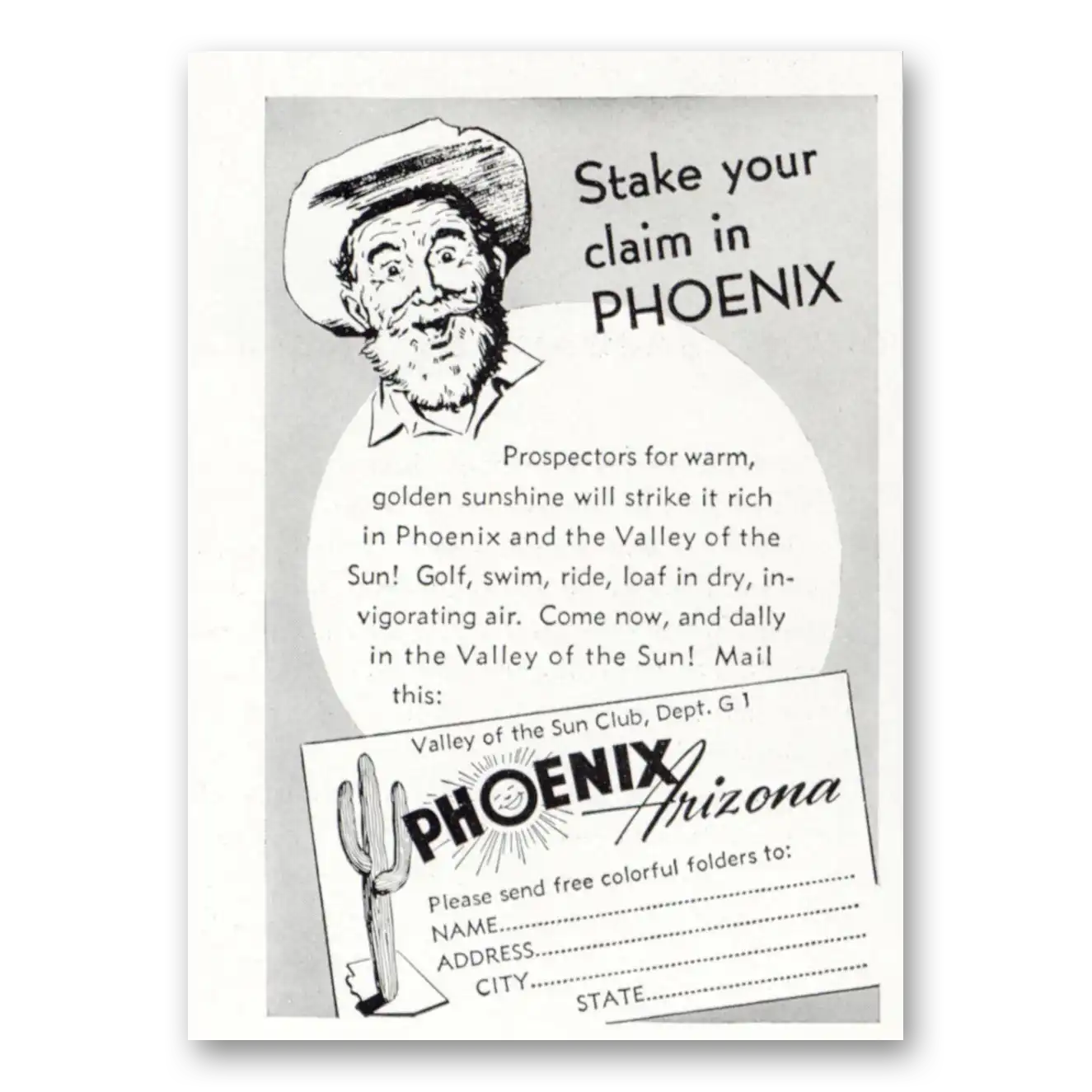 1950 Phoenix Arizona Stake Your Claim Vintage Magazine Print Ad