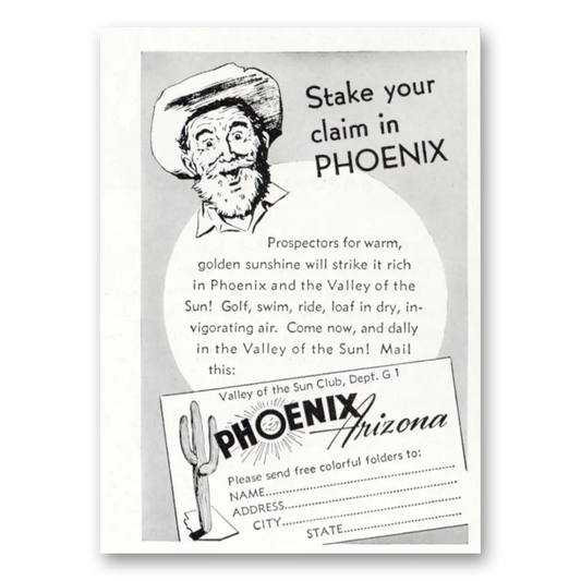 1950 Phoenix Arizona Stake Your Claim Vintage Magazine Print Ad