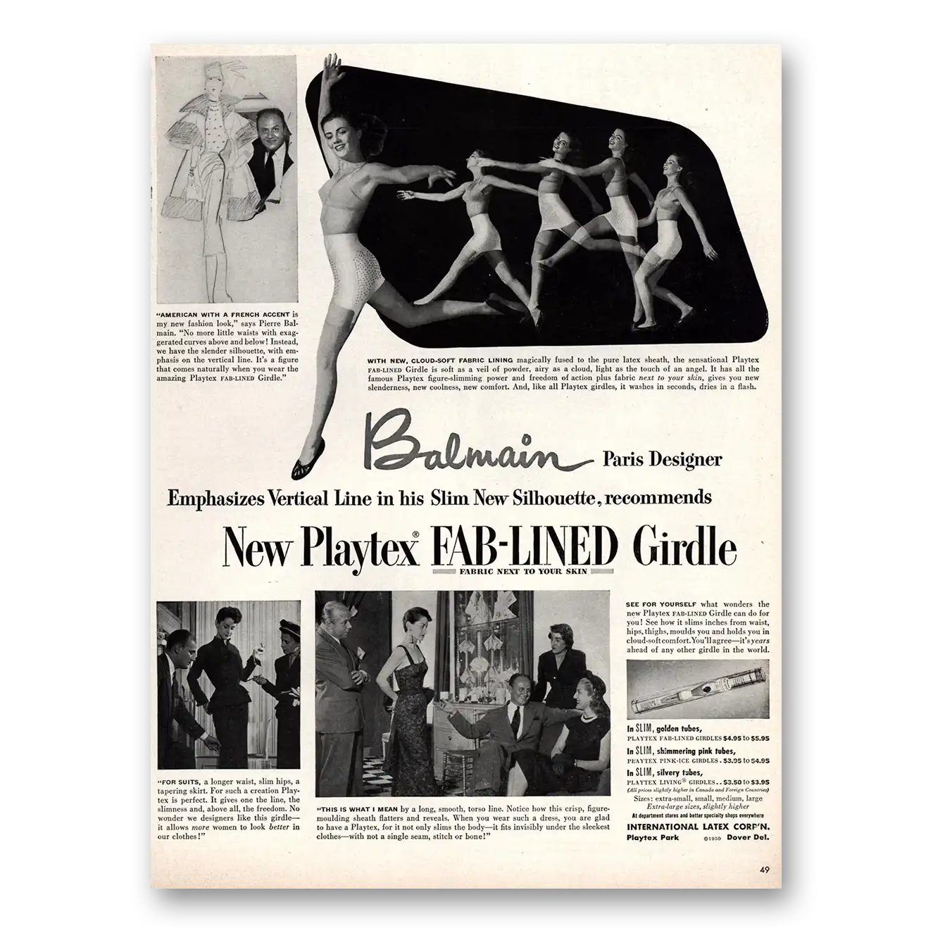 1950 Playtex Undergarments Girdle Balmain Paris Designer Vintage Magazine Print Ad