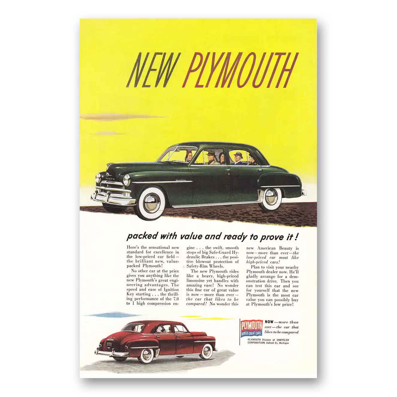 1950 Plymouth Packed with Value Vintage Magazine Print Ad