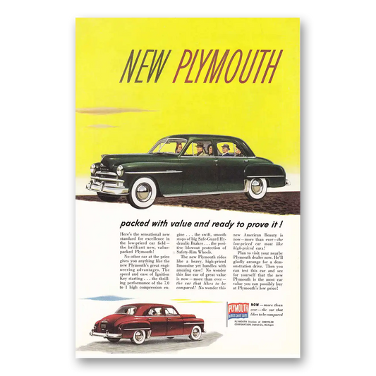 1950 Plymouth Packed with Value Vintage Magazine Print Ad