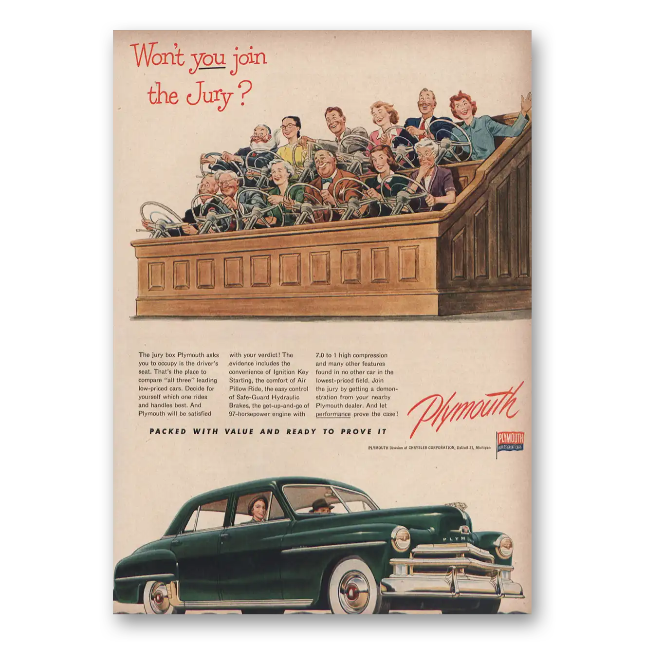 1950 Plymouth Wont You Join the Jury Vintage Magazine Print Ad