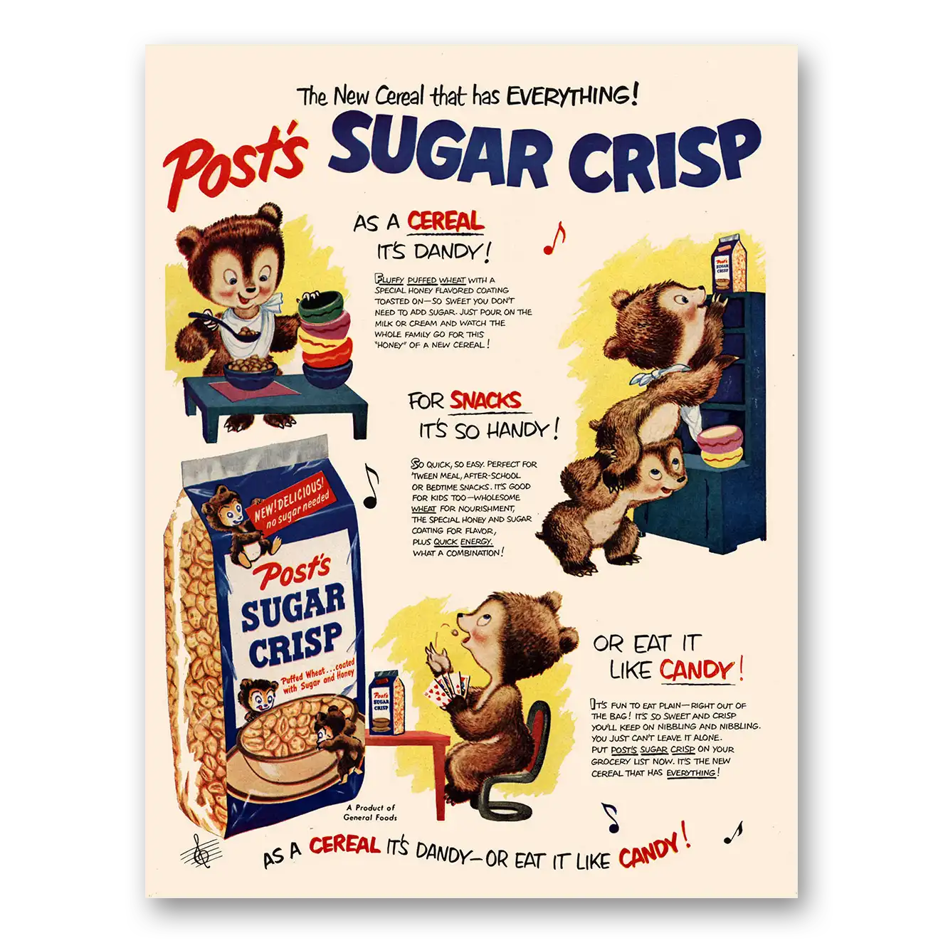 1950 Posts Sugar Crisp Cereal As Cereal Its Dandy Vintage Magazine Print Ad