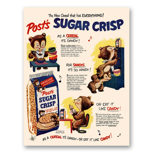 1950 Posts Sugar Crisp Cereal As Cereal Its Dandy Vintage Magazine Print Ad