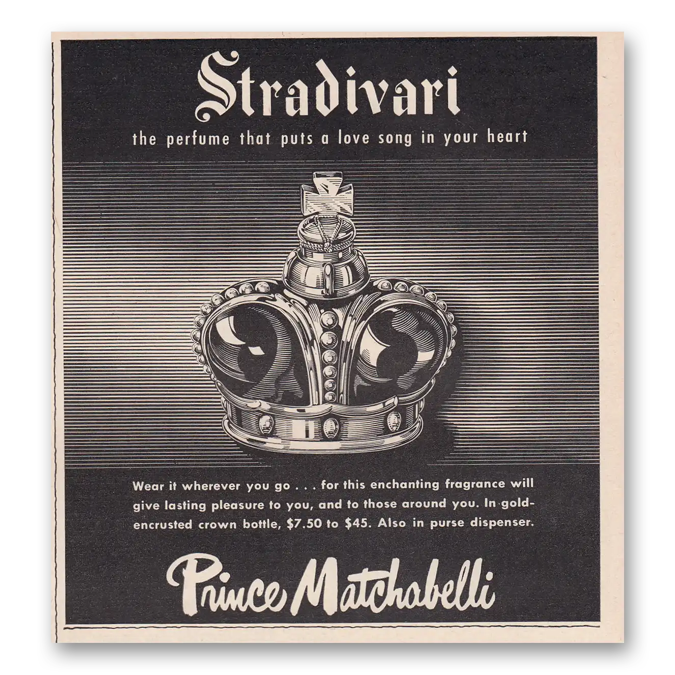 1950 Stradivari Perfume Puts a Love Song In Your Heart Vintage Magazine Print Ad