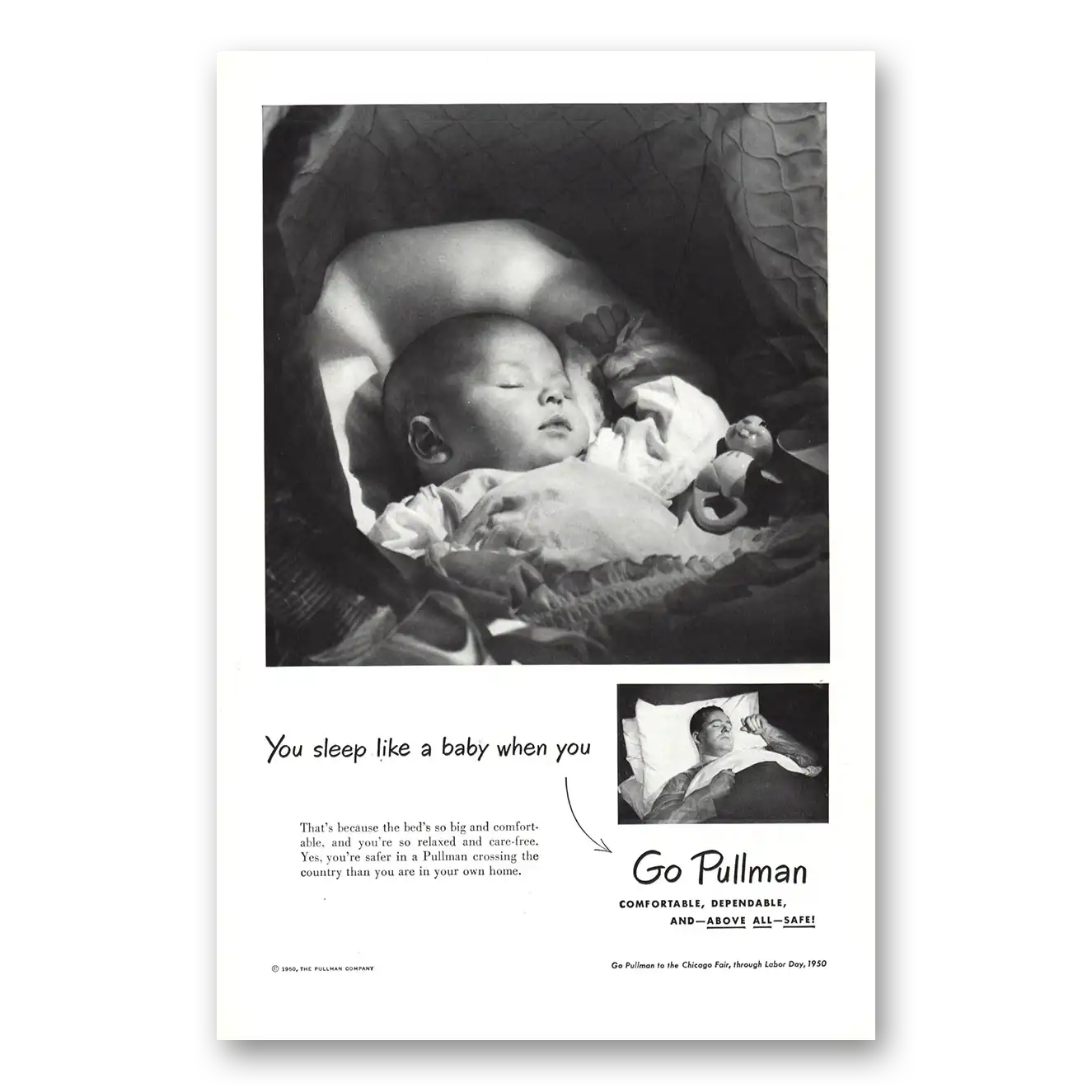 1950 Pullman You Sleep Like a Baby Vintage Magazine Print Ad