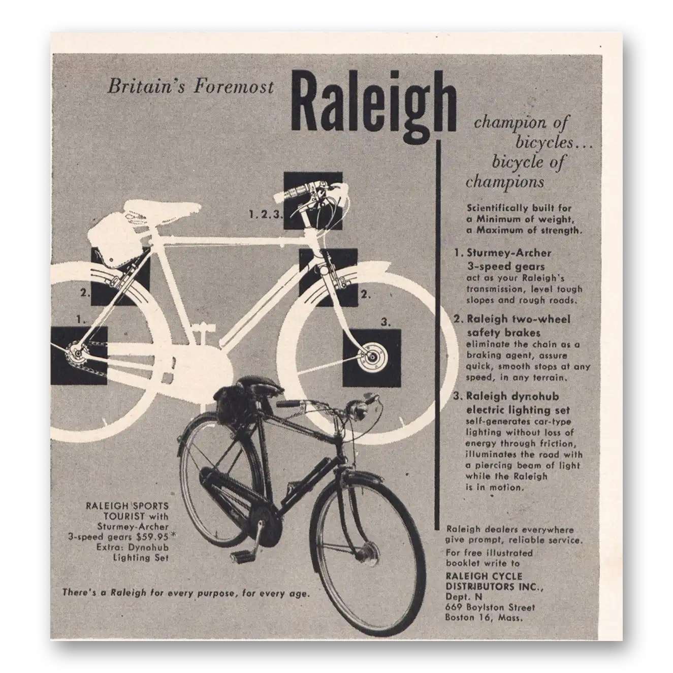 1950 Raleigh Bicycles Bicycle of Champions Vintage Magazine Print Ad