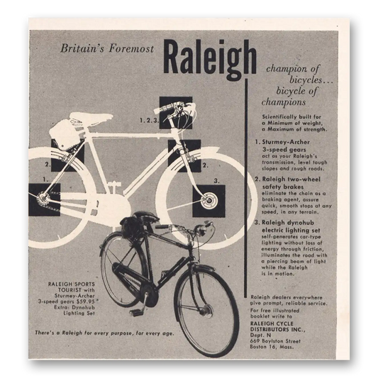 1950 Raleigh Bicycles Bicycle of Champions Vintage Magazine Print Ad