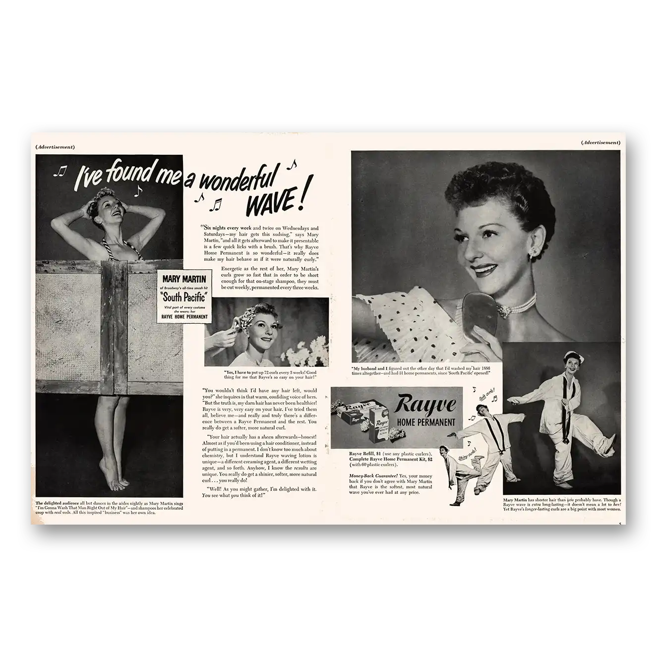 1950 Rayve Home Permanent Mary Martin South Pacific Vintage Magazine Print Ad