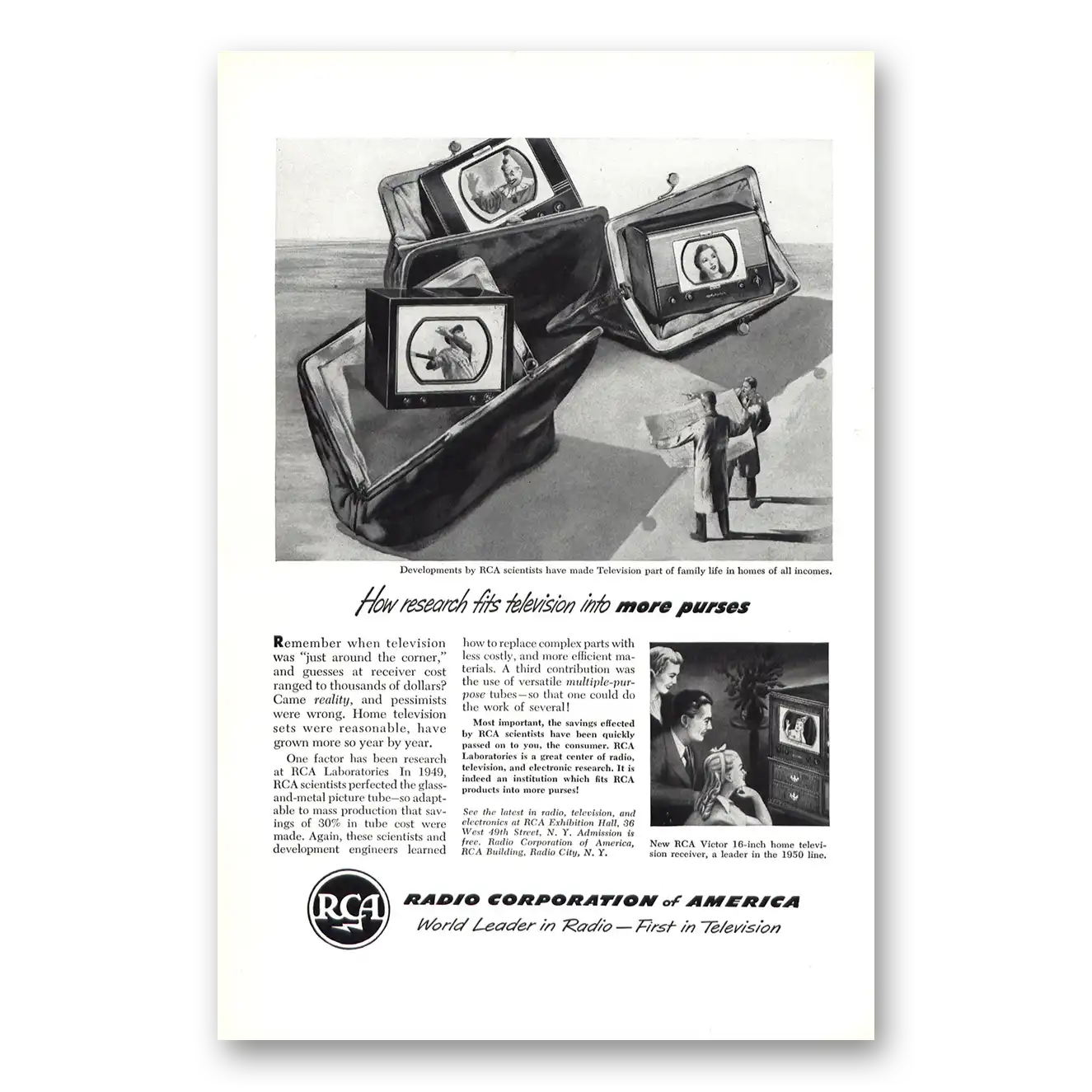 1950 RCA Television Fits Television Into More Purses Vintage Magazine Print Ad