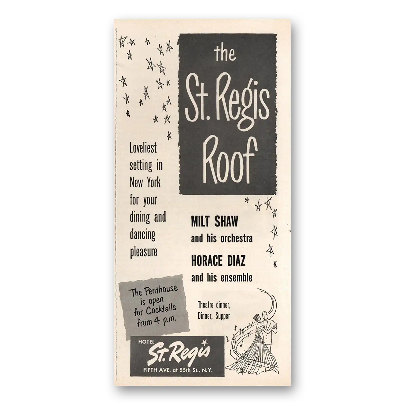 1950 St Regis Hotels Roof Milt Shaw Horace Diaz Vintage Magazine Print Ad