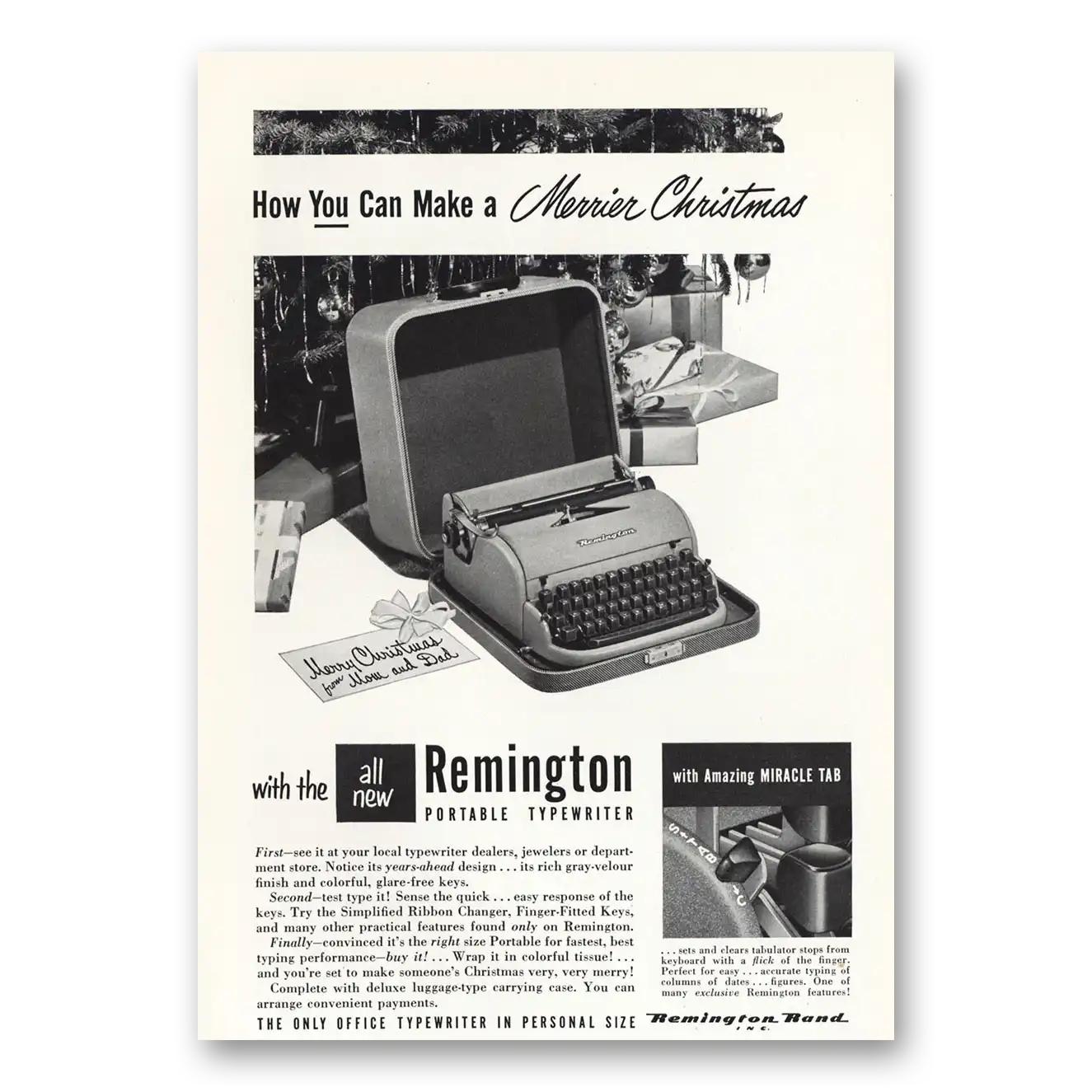 1950 Remington Typewriter Make Merrier Christmas Vintage Magazine Print Ad