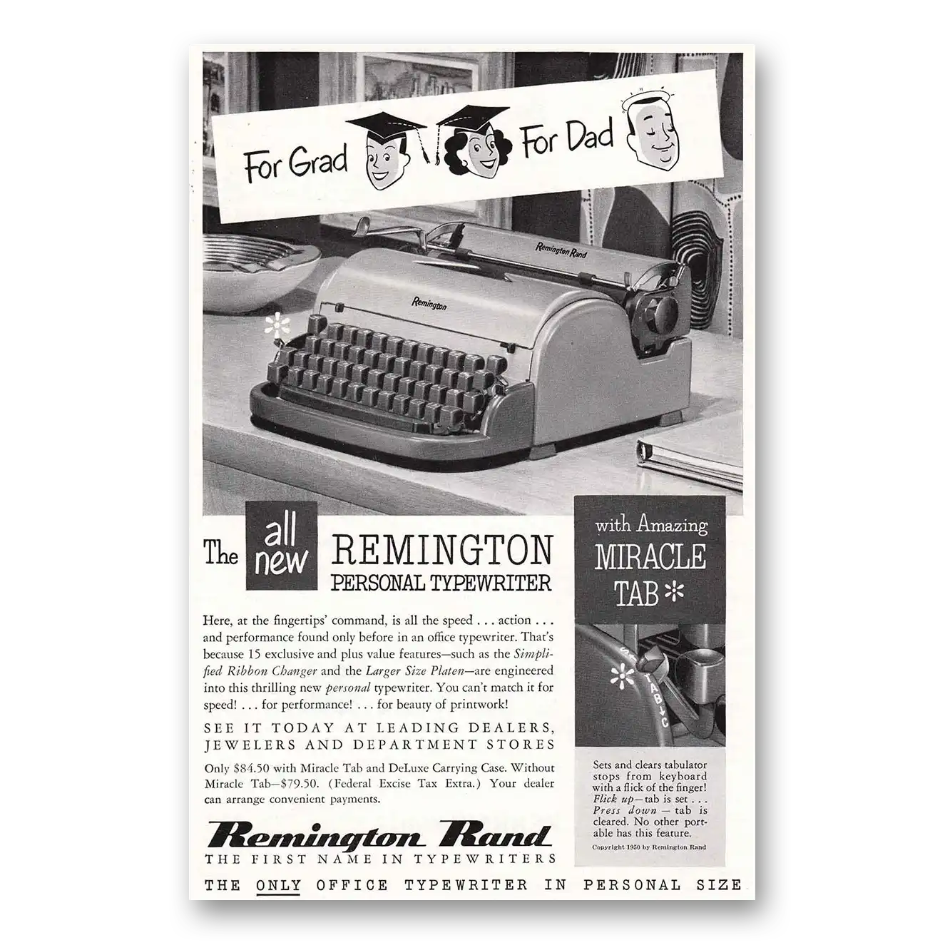 1950 Remington Typewriter Personal Typewriter Miracle Tab Vintage Magazine Print Ad