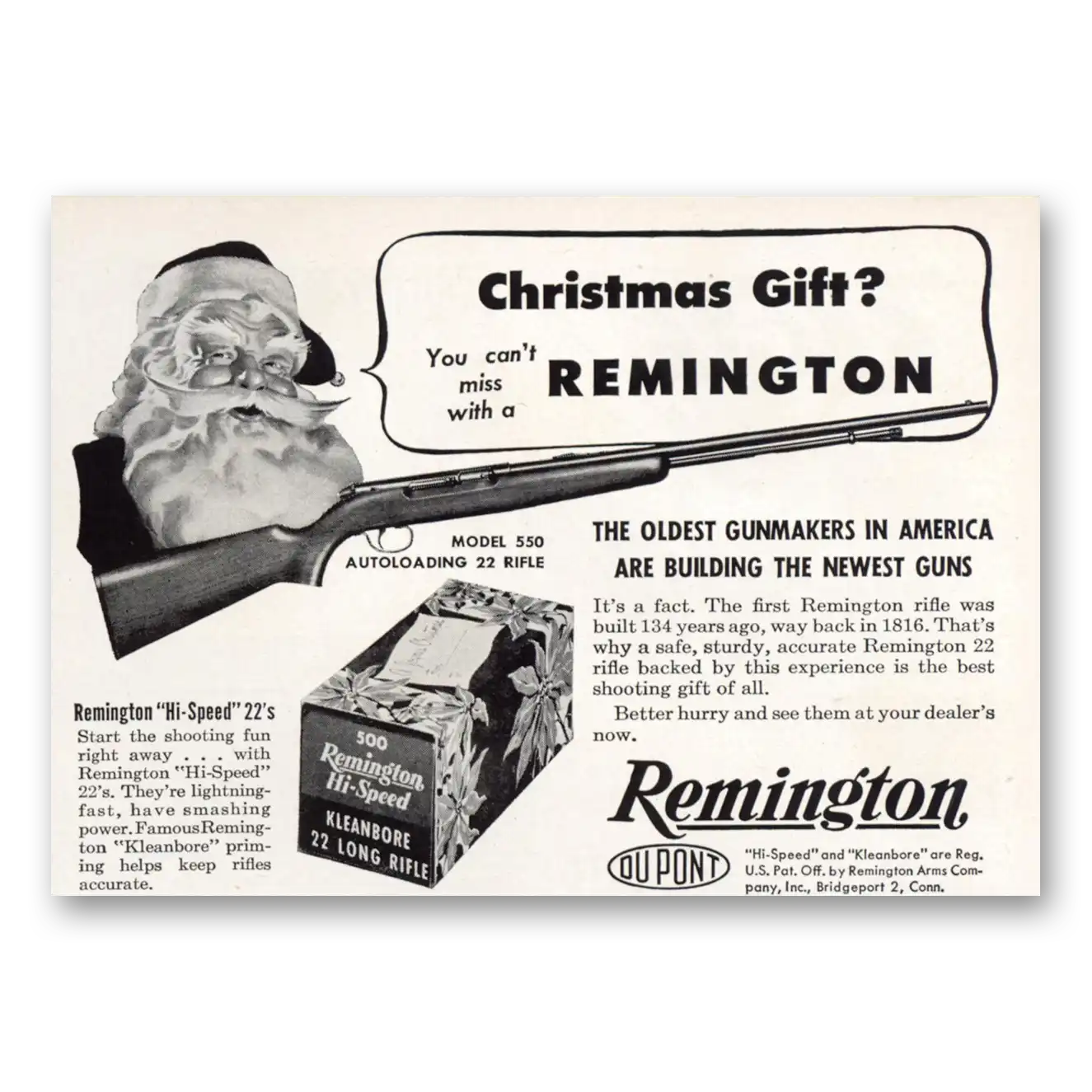 1950 Remington Arms Model 550 Christmas Gift Vintage Magazine Print Ad