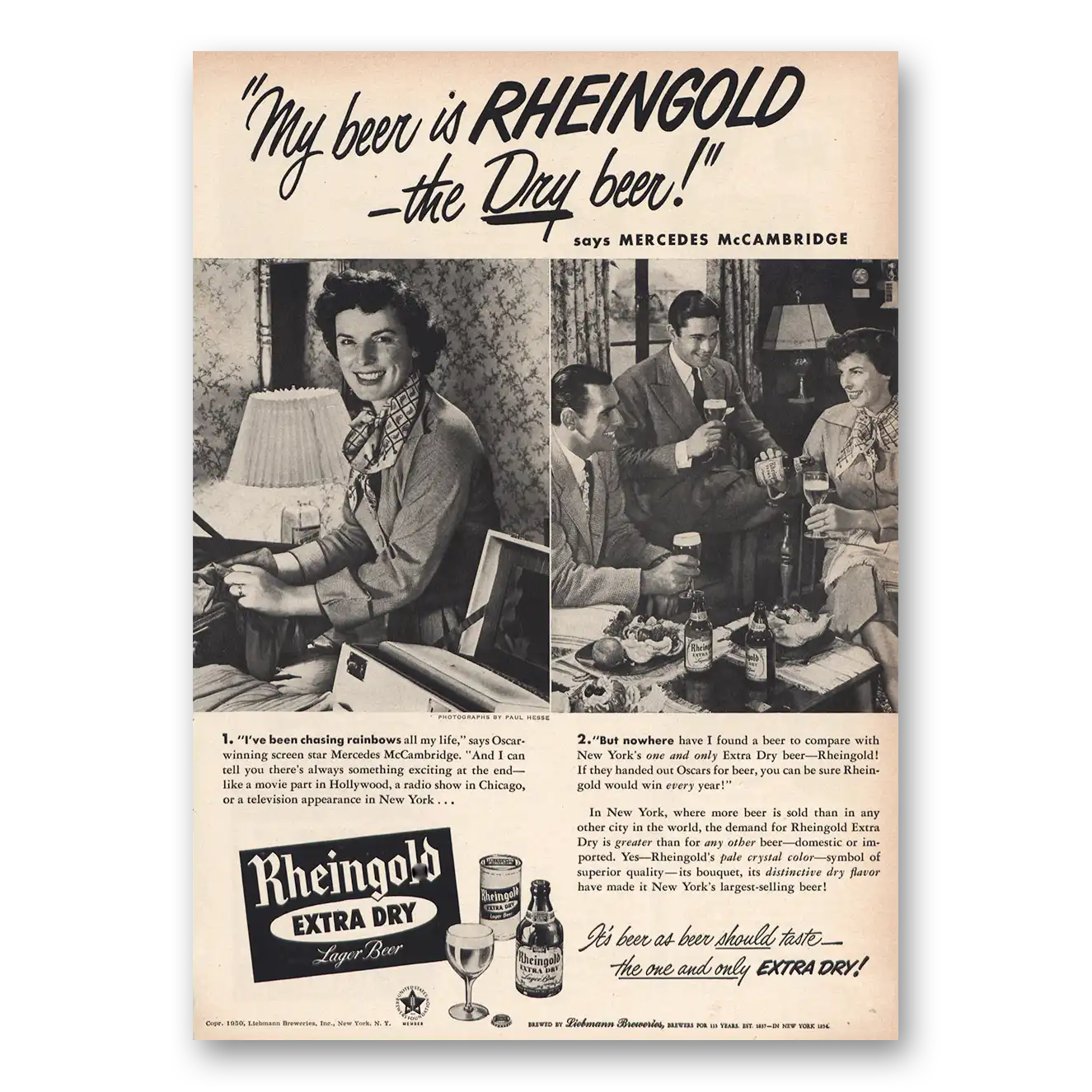 1950 Rheingold Beer Mercedes McCambridge Vintage Magazine Print Ad