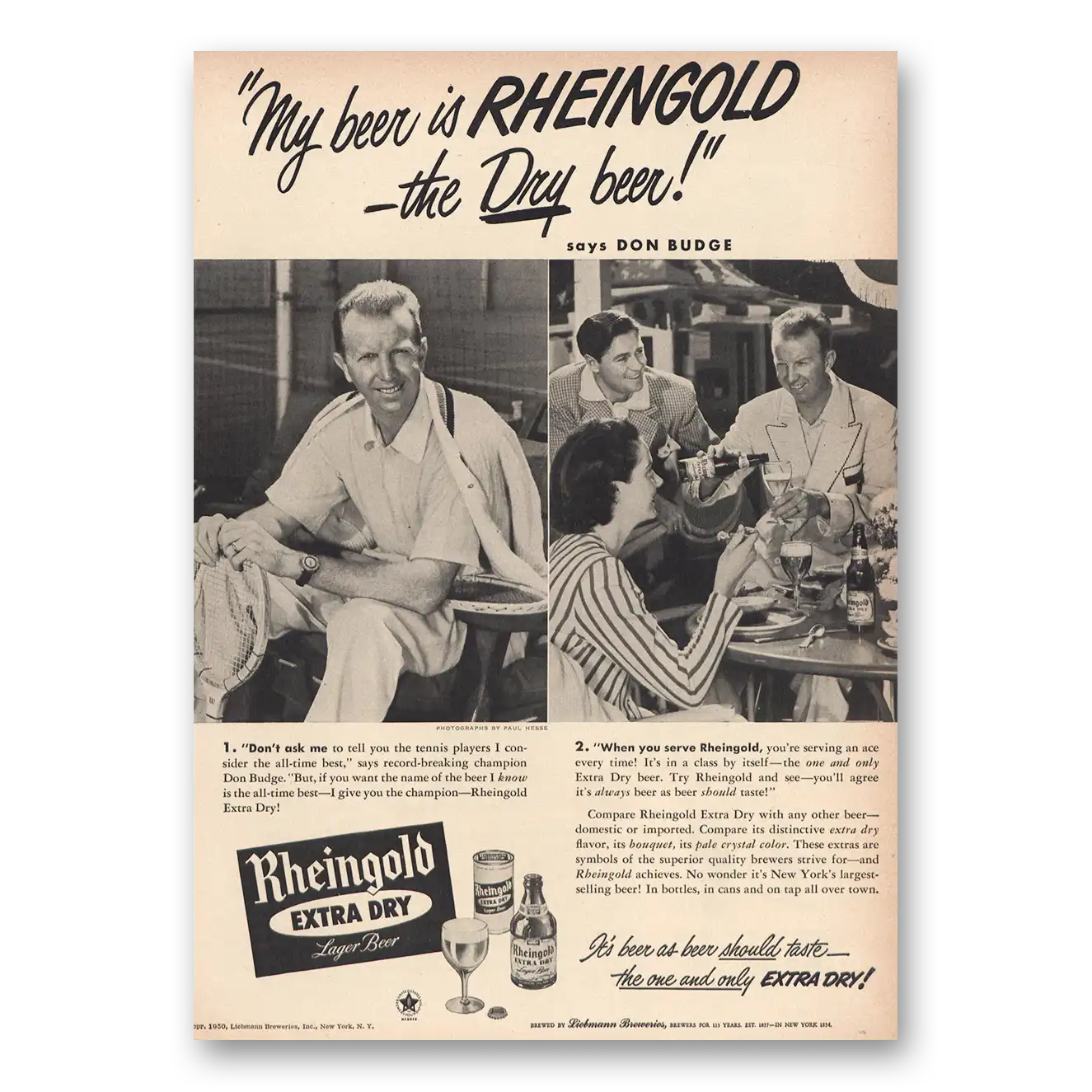 1950 Rheingold Beer Don Budge Vintage Magazine Print Ad