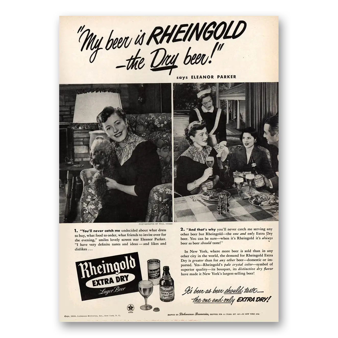 1950 Rheingold Beer Dry Beer Says Eleanor Parker Vintage Magazine Print Ad