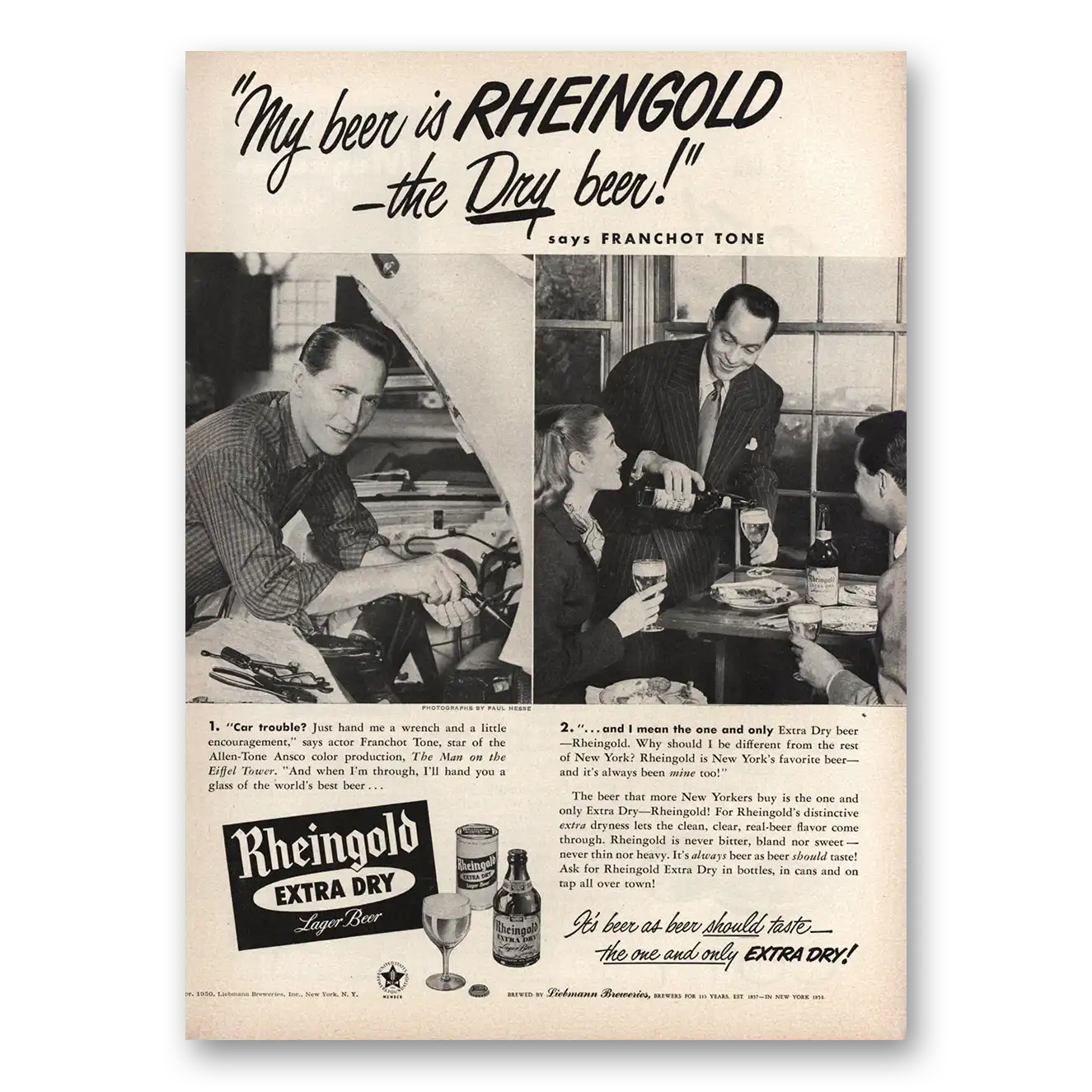 1950 Rheingold Beer Franchot Tone Vintage Magazine Print Ad