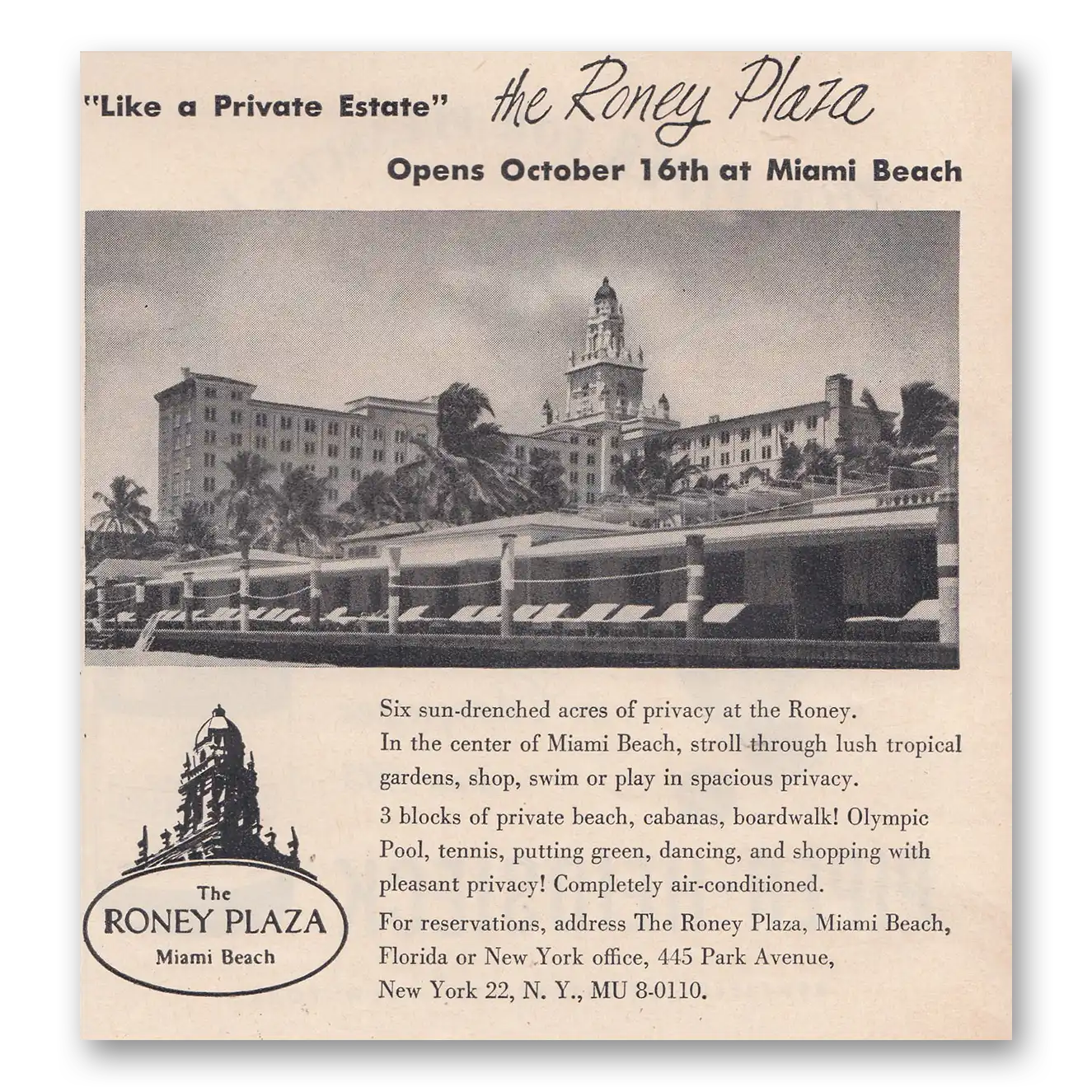 1950 Roney Plaza Miami Beach Like a Private Estate Vintage Magazine Print Ad