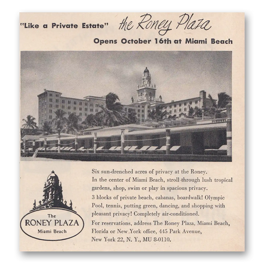 1950 Roney Plaza Miami Beach Like a Private Estate Vintage Magazine Print Ad