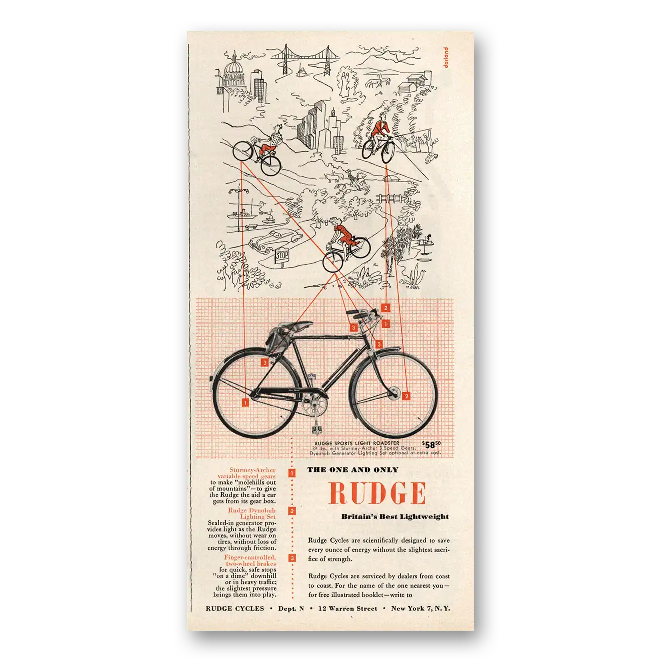 1950 Rudge Bicycles One and Only Vintage Magazine Print Ad